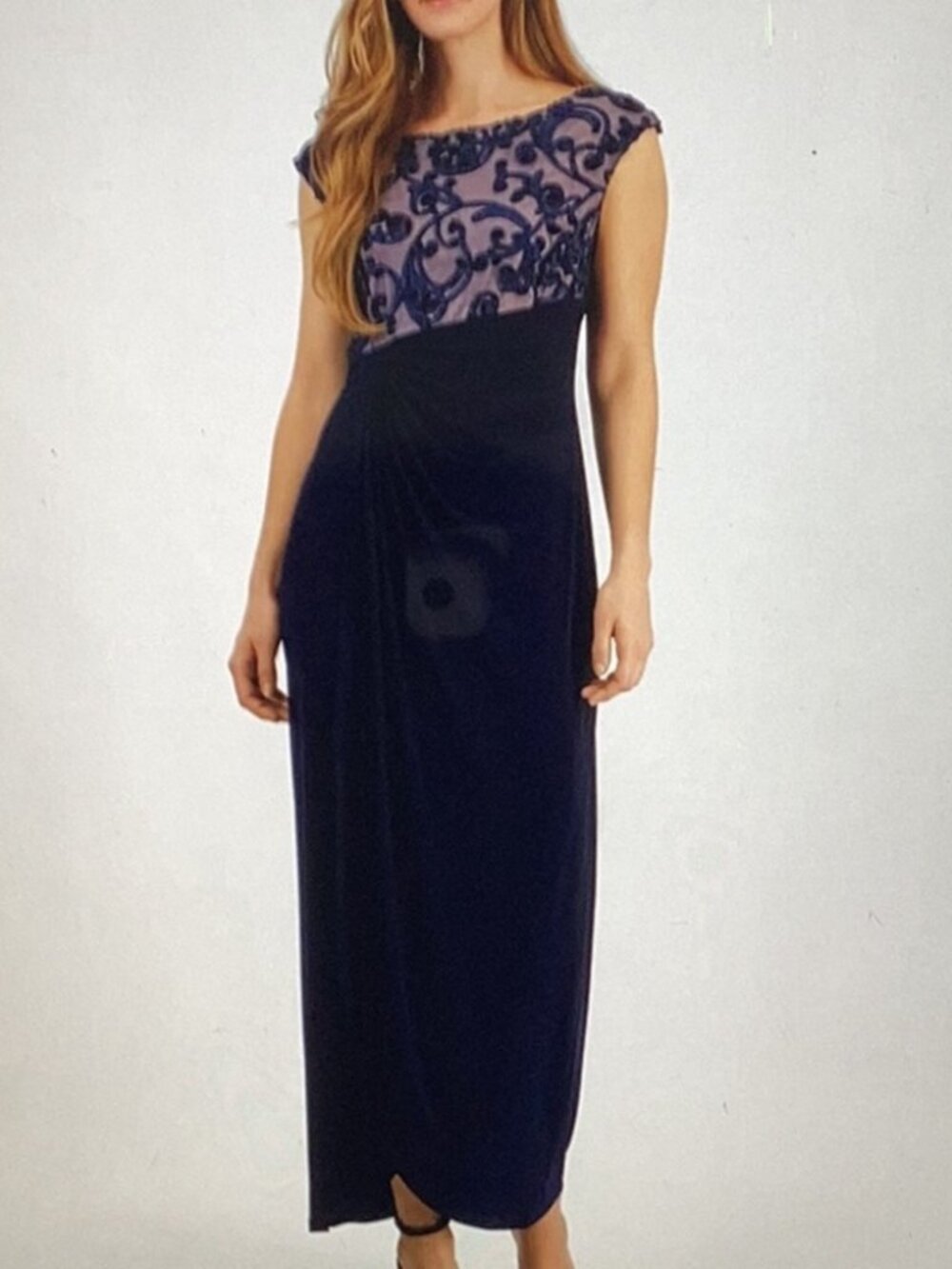 Women's Soutache Lace Cap-Sleeve Faux-Wrap Gown-size 10